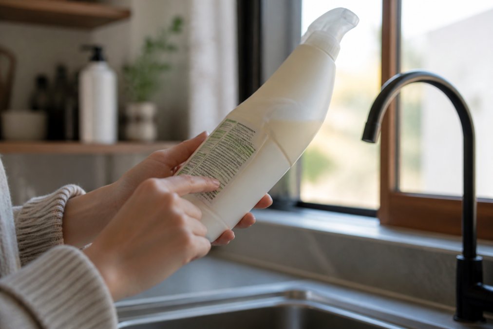 Close-up of hands holding a home cleaning product bottle while reading the ingredient label carefully in natural window light