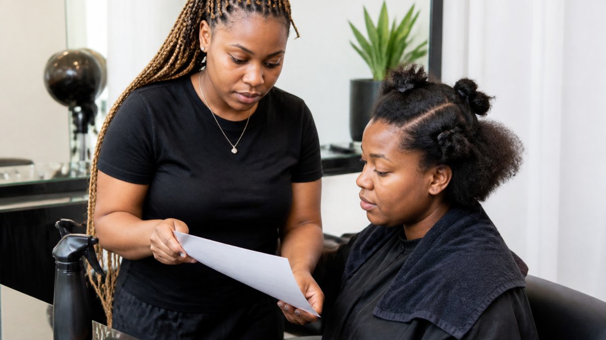 Braider and client reviewing a pre-installation checklist to avoid tight braids in a salon setting