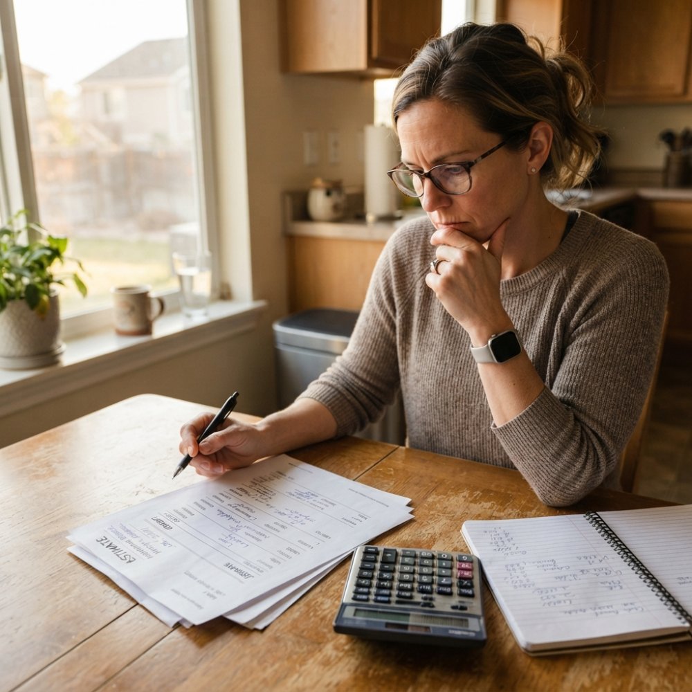A homeowner reviewing a detailed written quote document at their kitchen table, with a calculator and pen nearby, warm afternoon light through the window