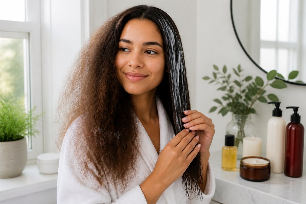 A woman with visibly dry, frizzy hair on one side and smooth, healthy-looking hair on the other side, mid-way through a deep conditioning treatment, with hair care products arranged neatly on a white marble surface nearby, soft natural light from a window