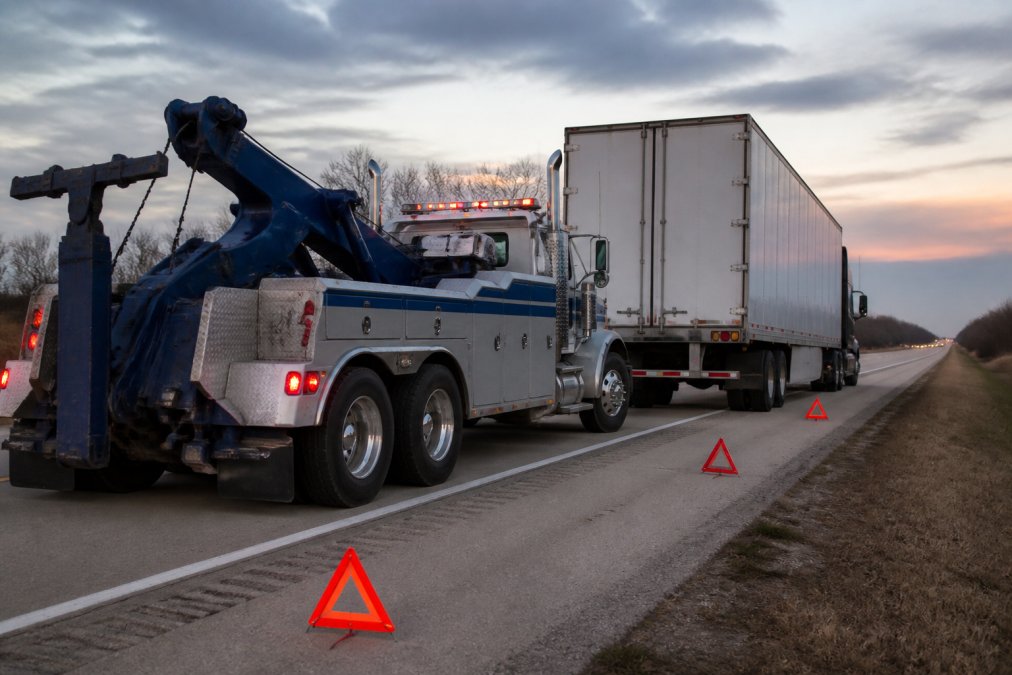 A heavy-duty tow truck with a wheel lift positioned behind a broken-down semi-truck on the shoulder of an interstate highway at dusk, warning triangles set out behind the trailer