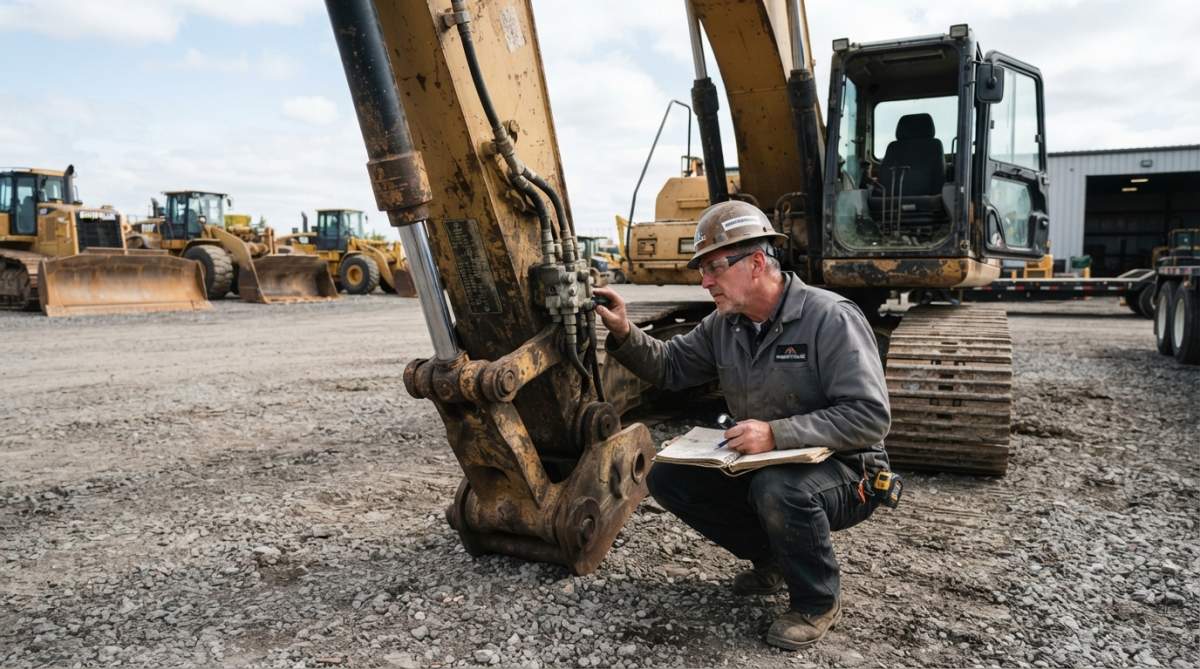 Equipment inspector examining heavy machinery closely, checking serial numbers and mechanical components on a construction site, with bright daylight illuminating the machine details