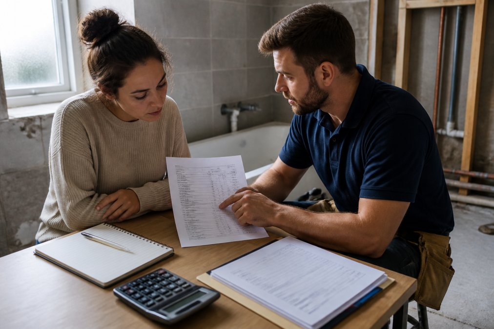 A homeowner reviewing a detailed itemised quote with a professional plumber in a partially renovated bathroom, discussing the listed costs by natural window light