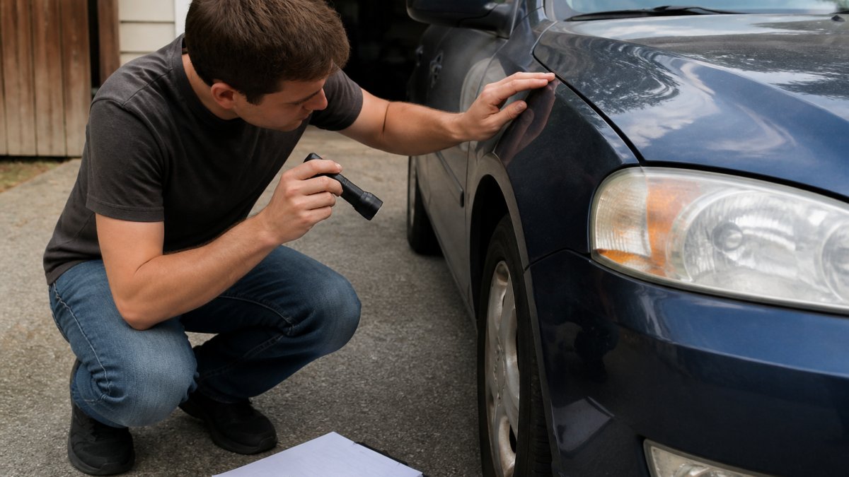 A buyer crouching beside a used car in a driveway, running a hand along the gap between the hood and front fender, with a flashlight in the other hand and a notepad on the ground nearby