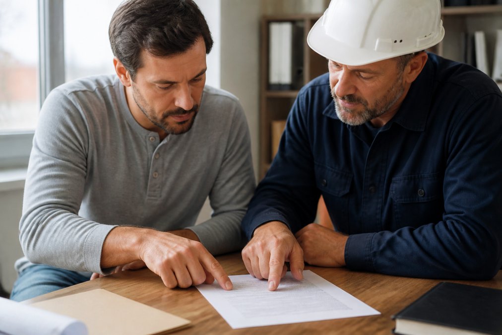 Homeowner and contractor reviewing a construction contract together at a wooden table, both pointing to specific clauses in the document, natural office lighting from a nearby window