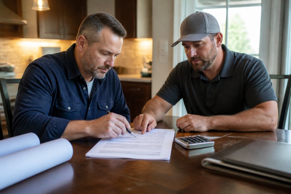 Homeowner and contractor reviewing detailed construction contract with budget breakdown at table, pen and calculator visible, natural office lighting
