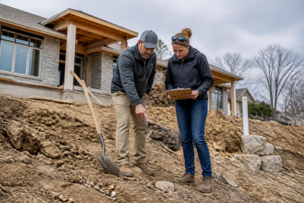 Contractor and homeowner standing on a residential construction site, examining soil with a shovel and clipboard, contractor pointing to the ground, overcast daylight