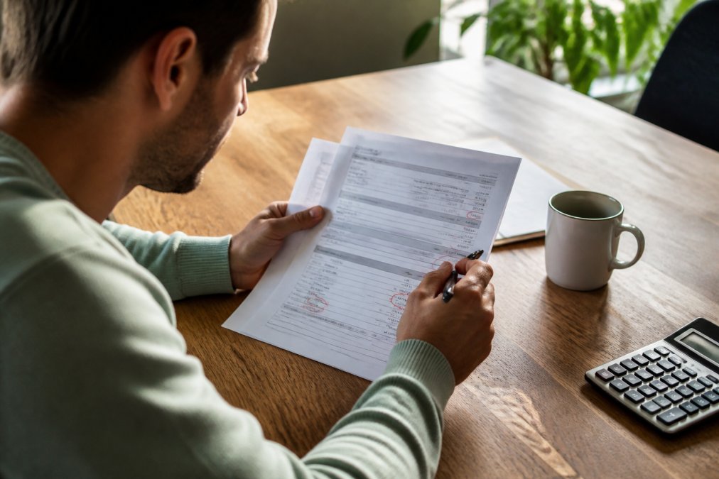 A person's hand holding a pen over a detailed conveyancing invoice, circling specific line items on the paper at a wooden desk with soft natural light