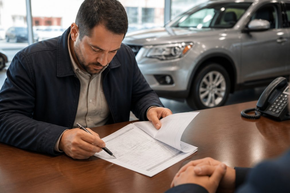 A car buyer reviewing a printed purchase agreement with a pen in hand at a dealership desk, looking closely at the itemized fees under bright showroom lighting