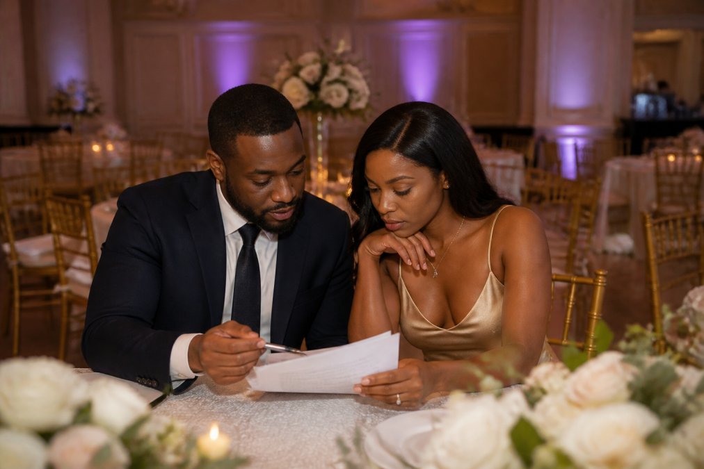 A couple reviewing a detailed contract document with a pen, seated at an elegant table in a luxurious event space with soft up-lighting in the background