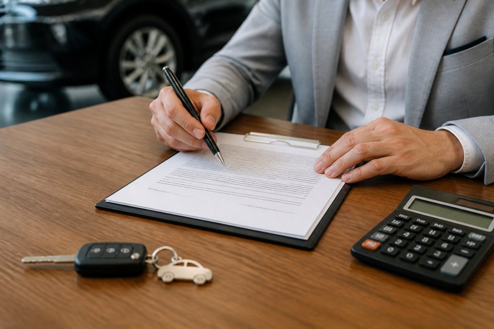Close-up of a person's hands holding a pen over a car purchase agreement document on a dealer's desk, with a calculator and car keys nearby under bright office lighting