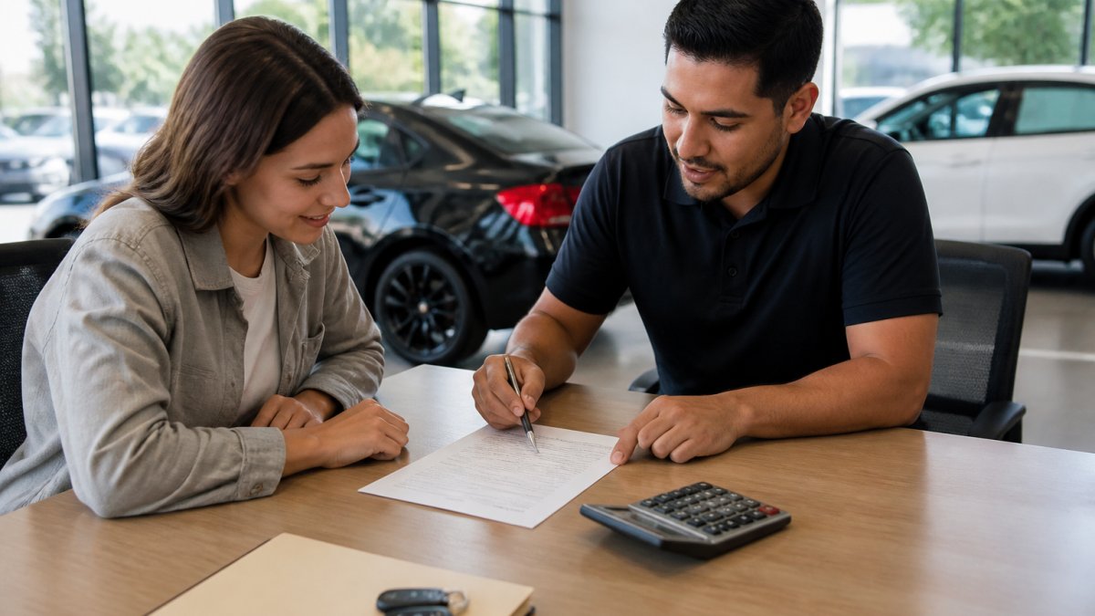 A buyer and a salesperson at a clean desk reviewing a printed itemized quote with a calculator and pen, both looking at the paper, natural light from a showroom window