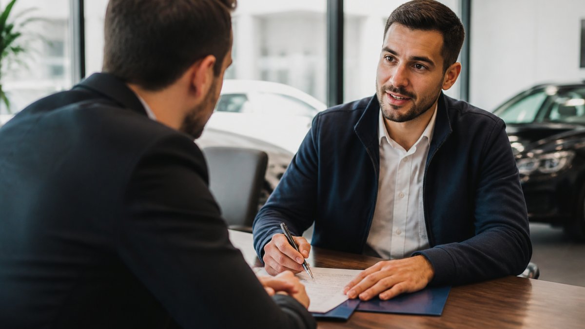 Professional customer sitting across from dealer at desk reviewing paperwork and discussing terms, customer holding pen and appearing confident and engaged in conversation