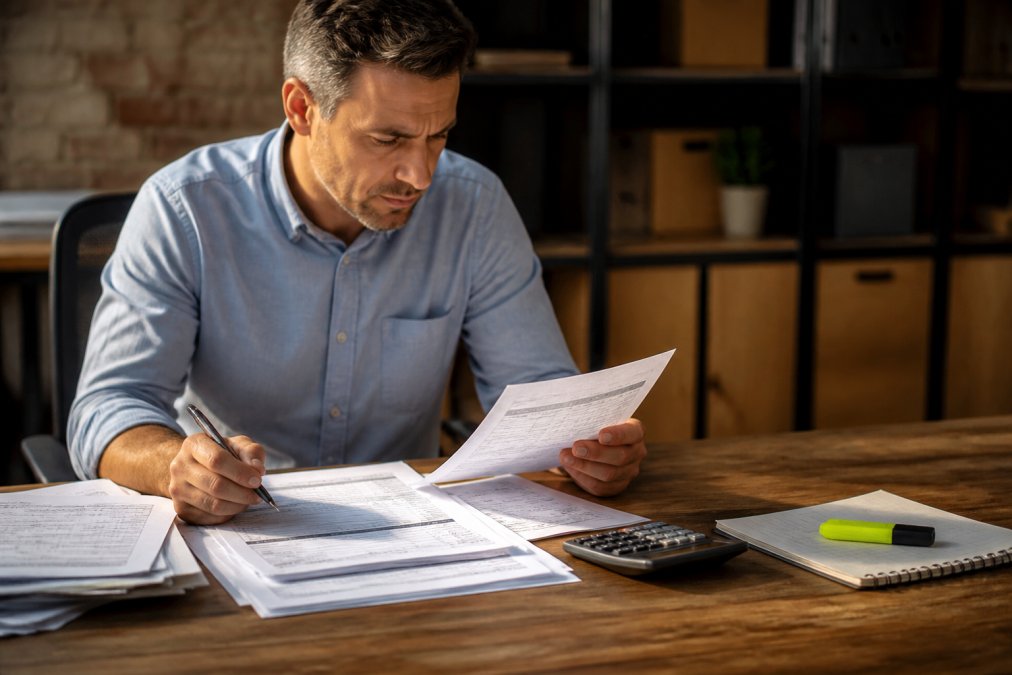 Logistics manager in business casual attire carefully reviewing printed freight invoices and shipping documentation at a wooden desk, with a calculator, notepad, and highlighter visible, examining line items under warm office lighting