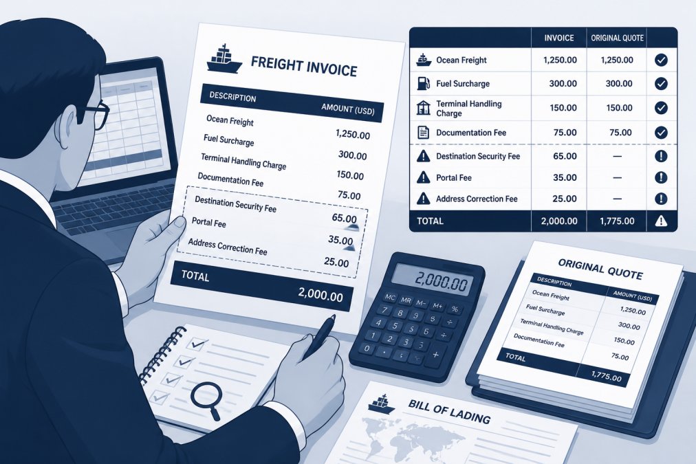 Logistics professional reviewing a printed freight invoice at a desk with a calculator, laptop, and shipping documents spread out, examining line items closely and comparing them to original quotes