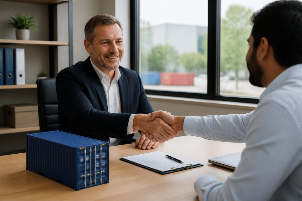 Two business professionals shaking hands across a desk in an office setting, with a shipping container model and contract documents visible, representing a freight agreement