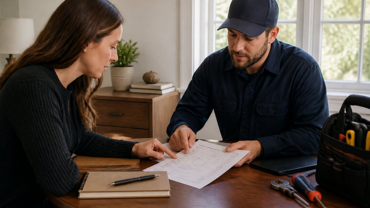 Homeowner reviewing a written HVAC service estimate with a technician, pointing at specific line items on the document in a bright home office