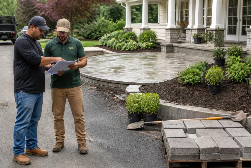 A homeowner and a landscaping foreman reviewing a project plan and clipboard on a residential driveway, with a partially completed stone patio and planting beds visible in the background
