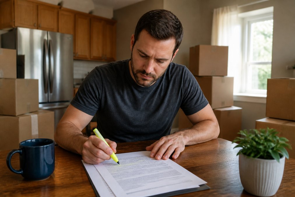 A customer sitting at a kitchen table reading a moving contract closely with a highlighter in hand, cardboard boxes stacked in the background, warm natural window light