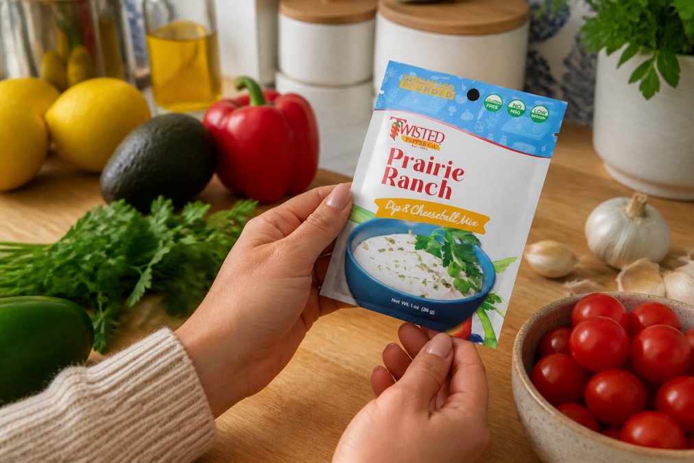 Close-up of hands holding a packaged food item while reading the ingredient label in natural kitchen lighting, with the label text clearly visible