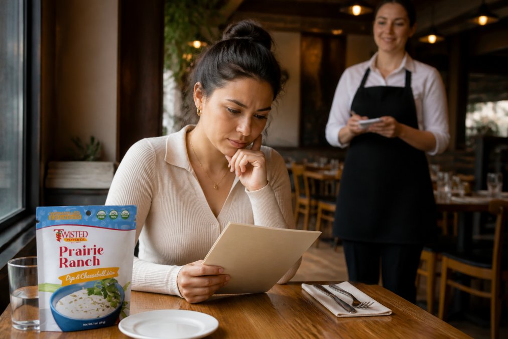 Person at a restaurant table reviewing a menu with a thoughtful expression, with a server in the background ready to assist