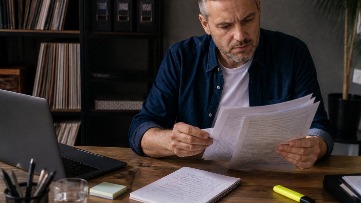 A music label manager reviewing a printed distribution contract at a desk with a laptop, highlighter, and notepad covered in handwritten notes