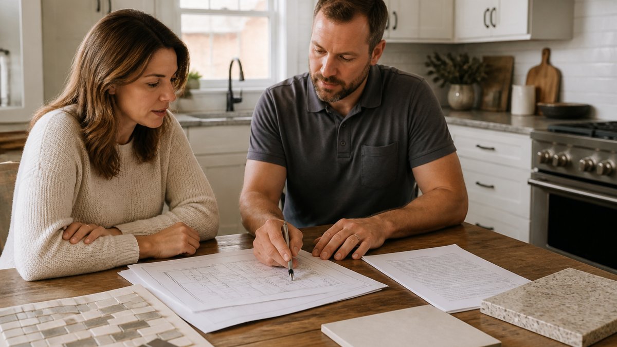 A homeowner and a remodeling contractor reviewing floor plans and a scope document at a kitchen table, with samples of tile and countertop material nearby