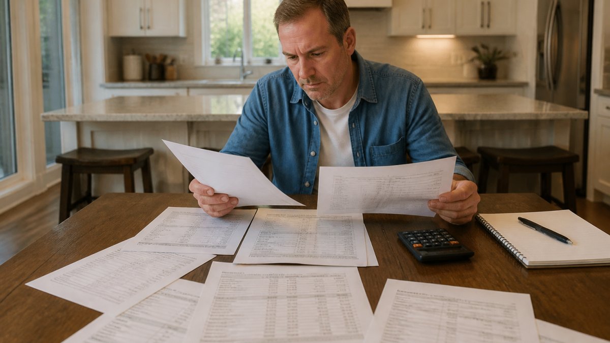 Process for comparing contractor bids and identifying hidden renovation costs on a kitchen table.
