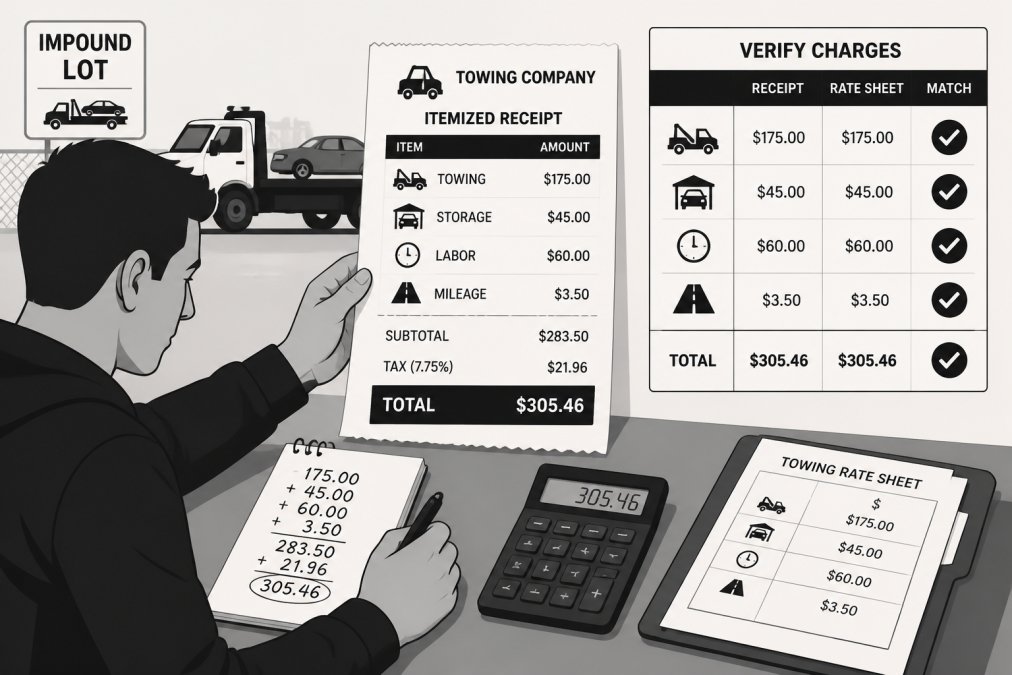 Vehicle owner examining a printed itemized receipt from a towing company at the impound lot, comparing charges with documentation and writing notes