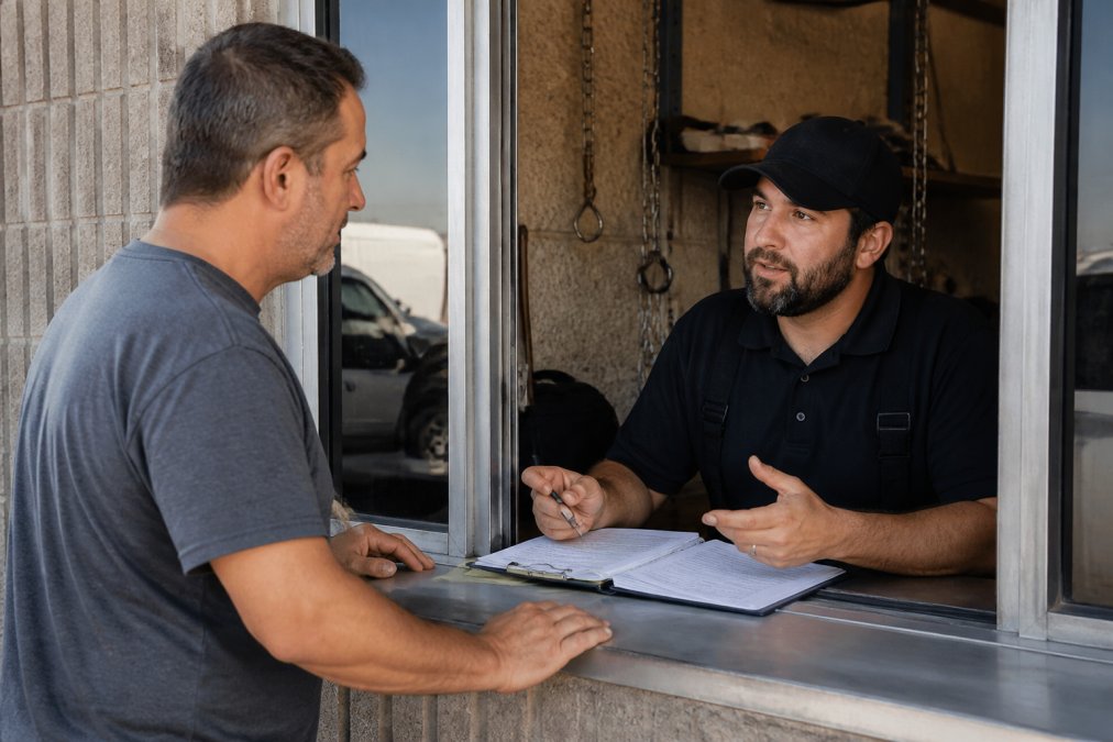 Person standing at an impound lot office window speaking with a towing company representative about vehicle release paperwork and charges, with documents visible on the desk