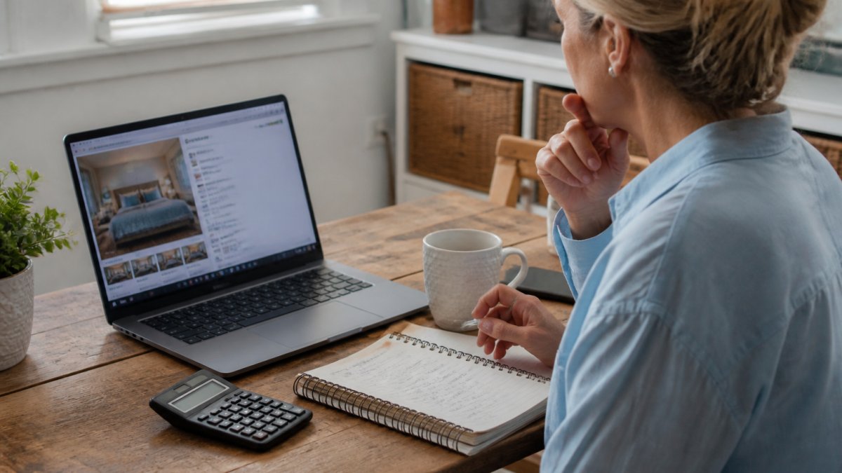 Person at laptop reviewing hotel booking details with notebook and calculator, comparing costs on screen in home office with natural lighting