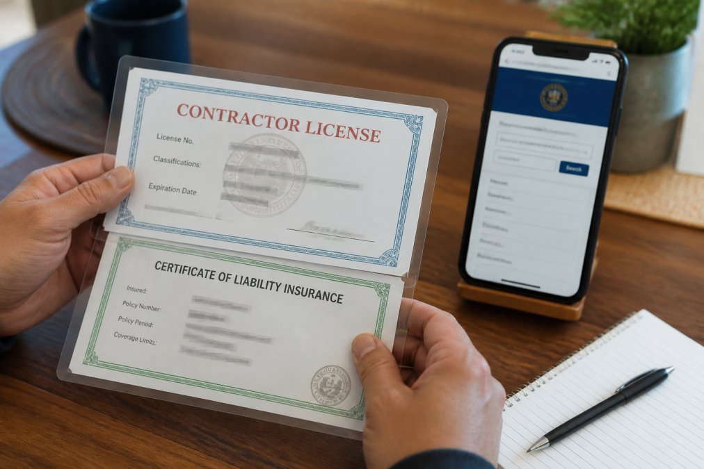 Close-up of hands holding a laminated contractor's license and insurance certificate on a wooden table, with a smartphone displaying a state licensing board verification page in the background
