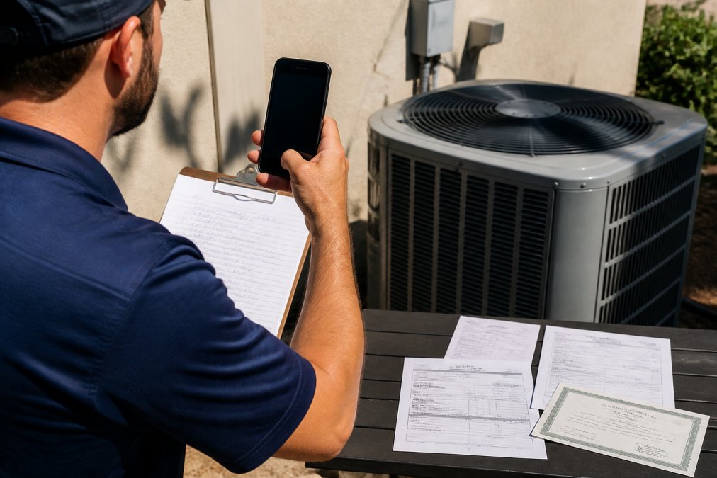 Homeowner photographing an outdoor HVAC unit with a smartphone while holding a clipboard with handwritten service notes, with printed invoices and warranty documents spread on a nearby table in natural sunlight