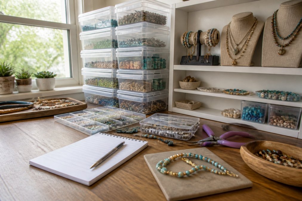 Organized craft room with labeled clear storage containers holding sorted beads and materials, completed jewelry projects displayed on a small shelf, work-in-progress items neatly arranged on wooden table with task list visible, natural light from nearby window