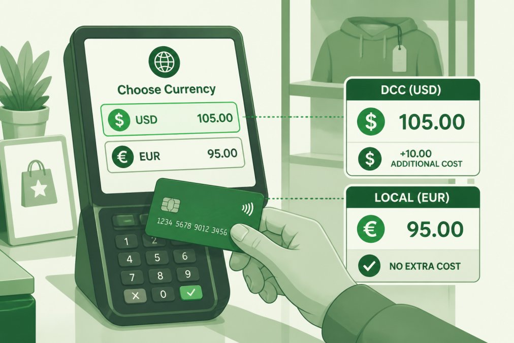 Close-up of a person's hand holding a credit card over a payment terminal at a retail counter, with the terminal screen visible showing a currency selection prompt in warm ambient retail lighting