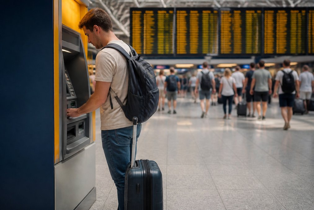 A traveler at an airport ATM machine withdrawing cash, luggage visible beside them, departure boards lit up in the background of a busy terminal