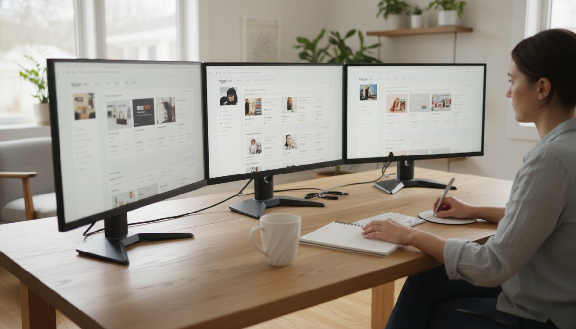 Person at a modern home office desk managing three monitors showing different ecommerce dashboards, with a coffee cup and spiral notepad nearby, warm natural light coming through a window behind them