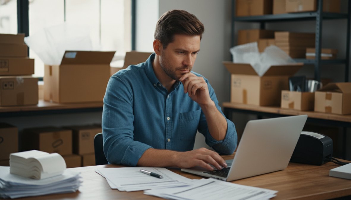 Small business owner sitting at a wooden desk with a laptop open to an order management screen, looking focused and thoughtful, cardboard shipping boxes stacked in the background suggesting an active fulfillment workspace, warm overhead lighting