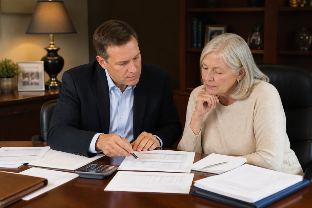 Financial advisor and client reviewing retirement income documents and tax statements at a desk with a calculator, notepad, and multi-year income projection charts under warm office lighting