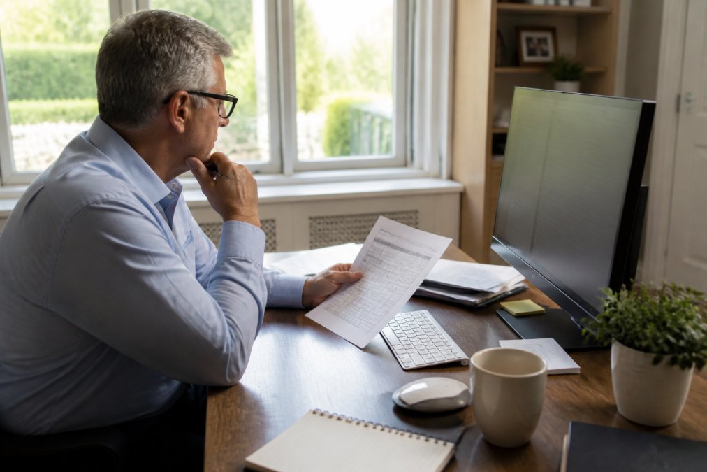 Professional reviewing a multi-year financial timeline on a computer screen, with a calendar and spreadsheet showing planned asset sales across 2026-2028, natural window lighting illuminating the desk