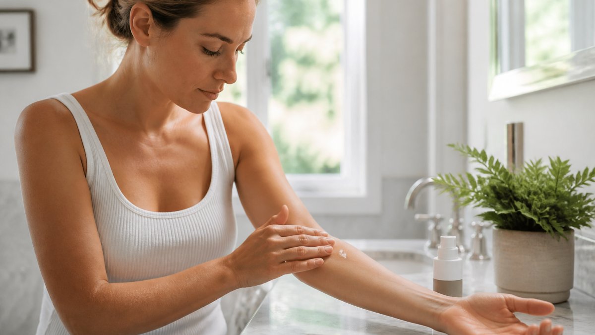 Woman applying a dab of organic skincare cream to her inner forearm to test for a reaction in a bright bathroom.