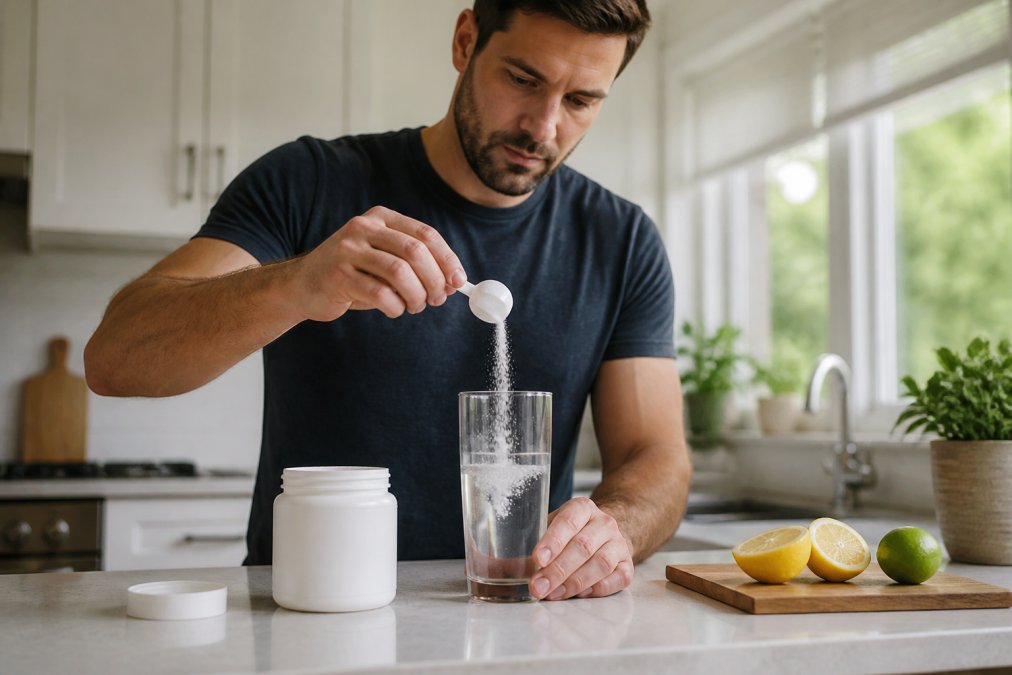 A person in a bright kitchen mixing a flavored electrolyte powder into a tall glass of water, with a clean supplement container on the counter nearby