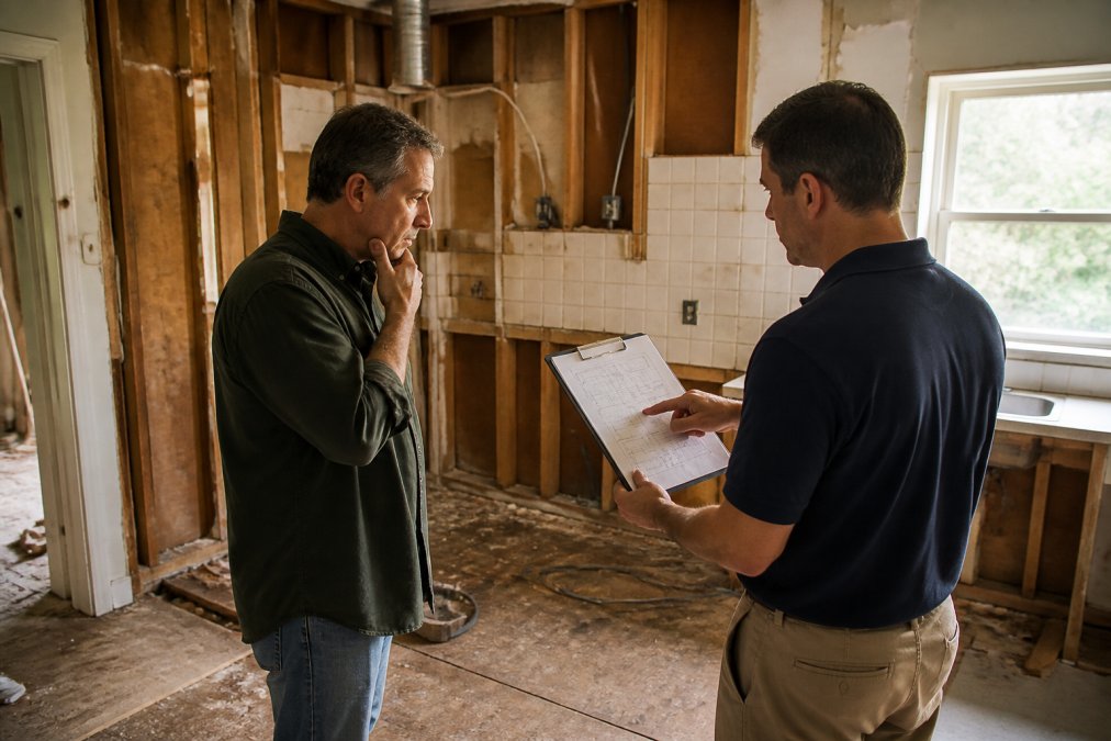 A homeowner standing in a half-demolished kitchen with exposed studs, while a contractor points to a project schedule on a clipboard, natural daylight through a window
