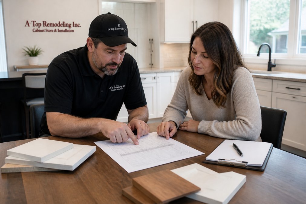 A contractor and homeowner reviewing a printed schedule at a kitchen table, with cabinet samples and a clipboard nearby, in a bright suburban Illinois home
