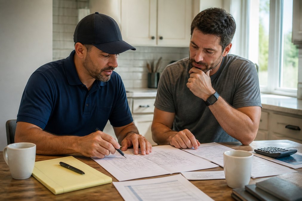 Homeowner and contractor reviewing renovation blueprints and budget documents at a kitchen table with coffee and notepad, natural morning light from window