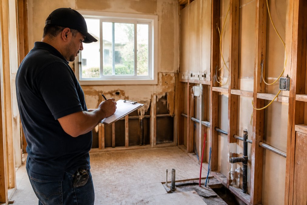 Kitchen mid-renovation showing exposed walls, plumbing, and electrical work with contractor taking notes on clipboard, daylight from window