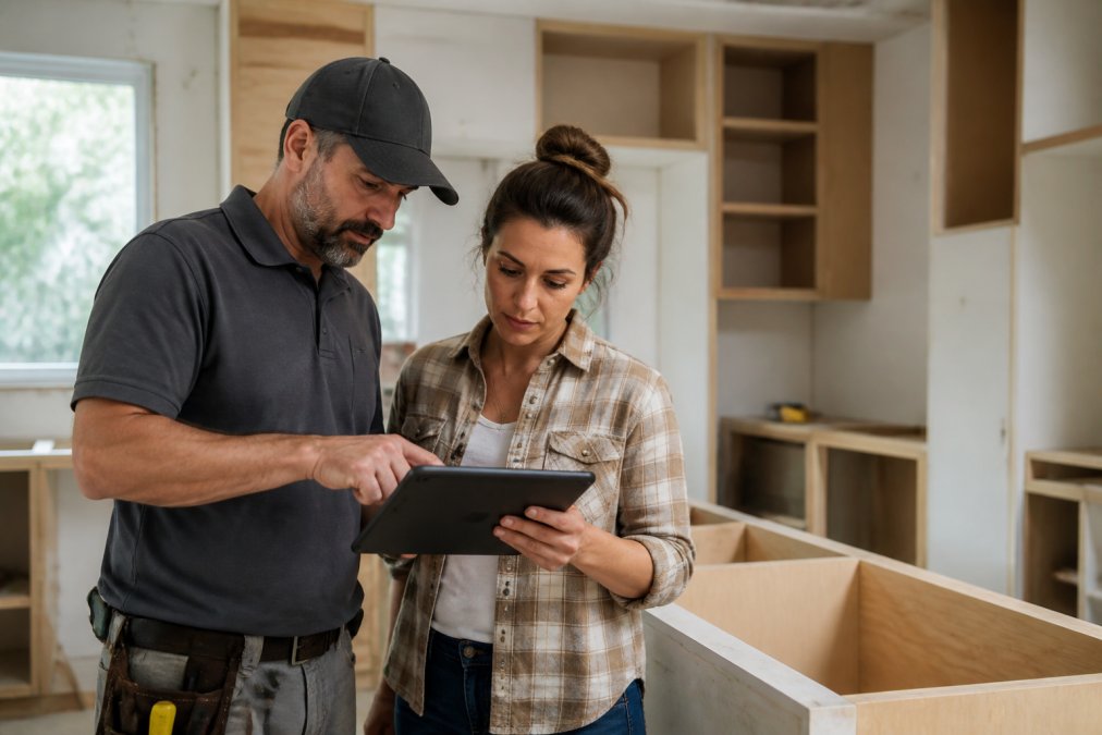 Professional contractor and homeowner reviewing kitchen renovation project timeline and budget tracking on a tablet at the job site with exposed cabinetry and construction materials visible