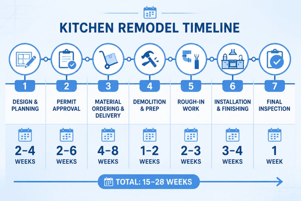 Timeline diagram showing typical kitchen renovation phases with duration ranges: design and planning 2-4 weeks, permit approval 2-6 weeks, material ordering and delivery 4-8 weeks, demolition and prep 1-2 weeks, rough-in work 2-3 weeks, installation and finishing 3-4 weeks, final inspection 1 week
