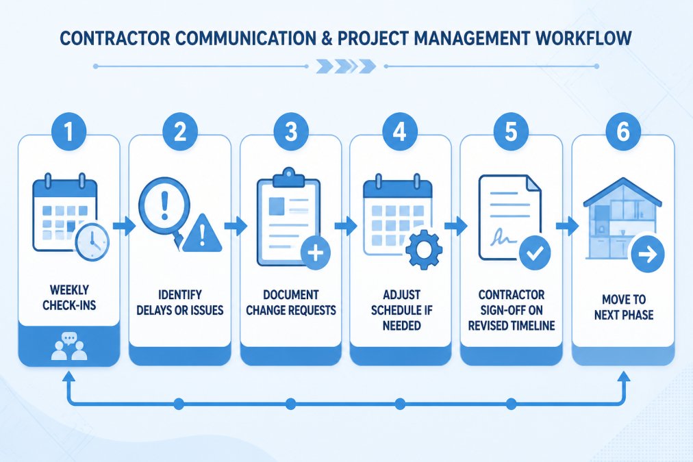 Flowchart showing contractor communication and project management workflow: weekly check-ins with status review → identify delays or issues → document change requests → adjust schedule if needed → contractor sign-off on revised timeline → move to next phase