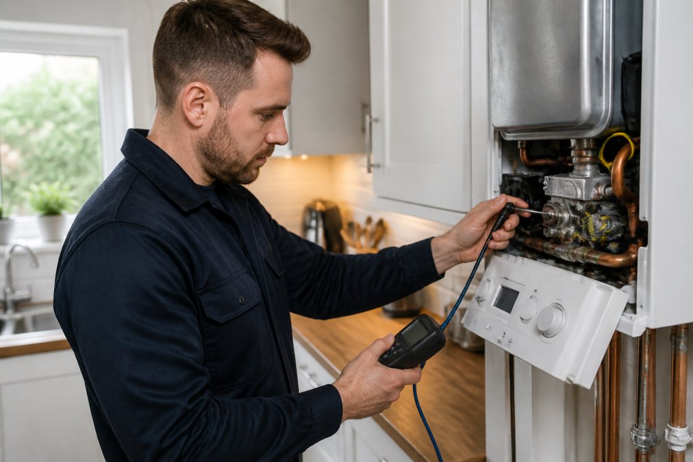 A close-up of a Gas Safe registered engineer's hands using a testing device on a boiler in a clean, modern rental kitchen